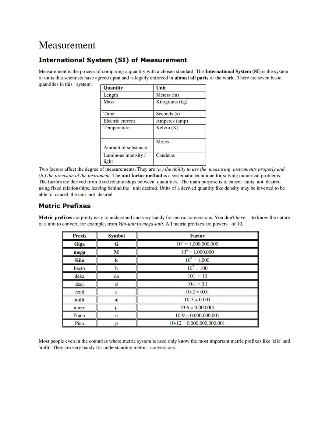 Measurement
International System (SI) of Measurement
Measurement is the process of comparing a quantity with a chosen standard. The Internat