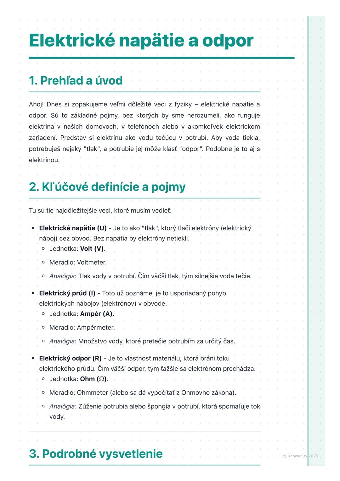 # Elektrické napätie a odpor

1. Prehľad a úvod

Ahoj! Dnes si zopakujeme veľmi dôležité veci z fyziky elektrické napätie a
odpor. Sú to zák