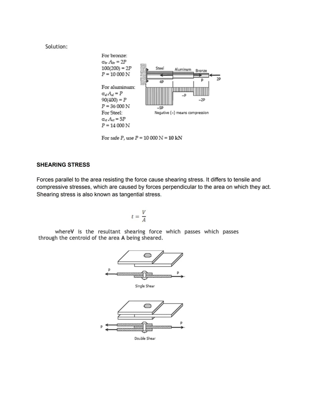 NORMAL STRESS, SHEARING STRESS AND BEARING STRESS
SIMPLE STRESSES
Simple stresses are expressed as the ratio of the applied force divided by