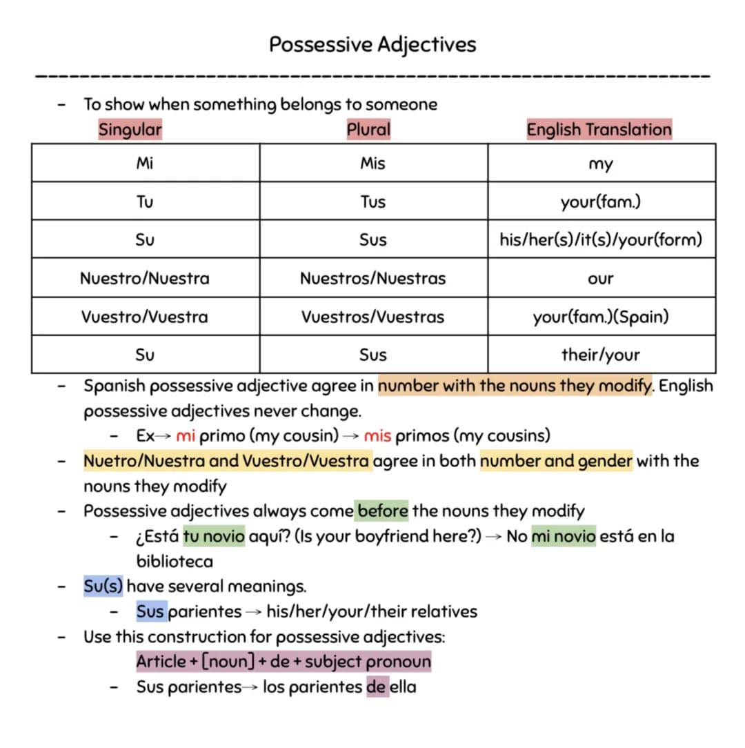 -
-
To show when something belongs to someone
Singular
Plural
Mi
Mis
Nuestro/Nuestra
Tu
Su
Vuestro/Vuestra
-
-
Possessive Adjectives
Su
-
Tu