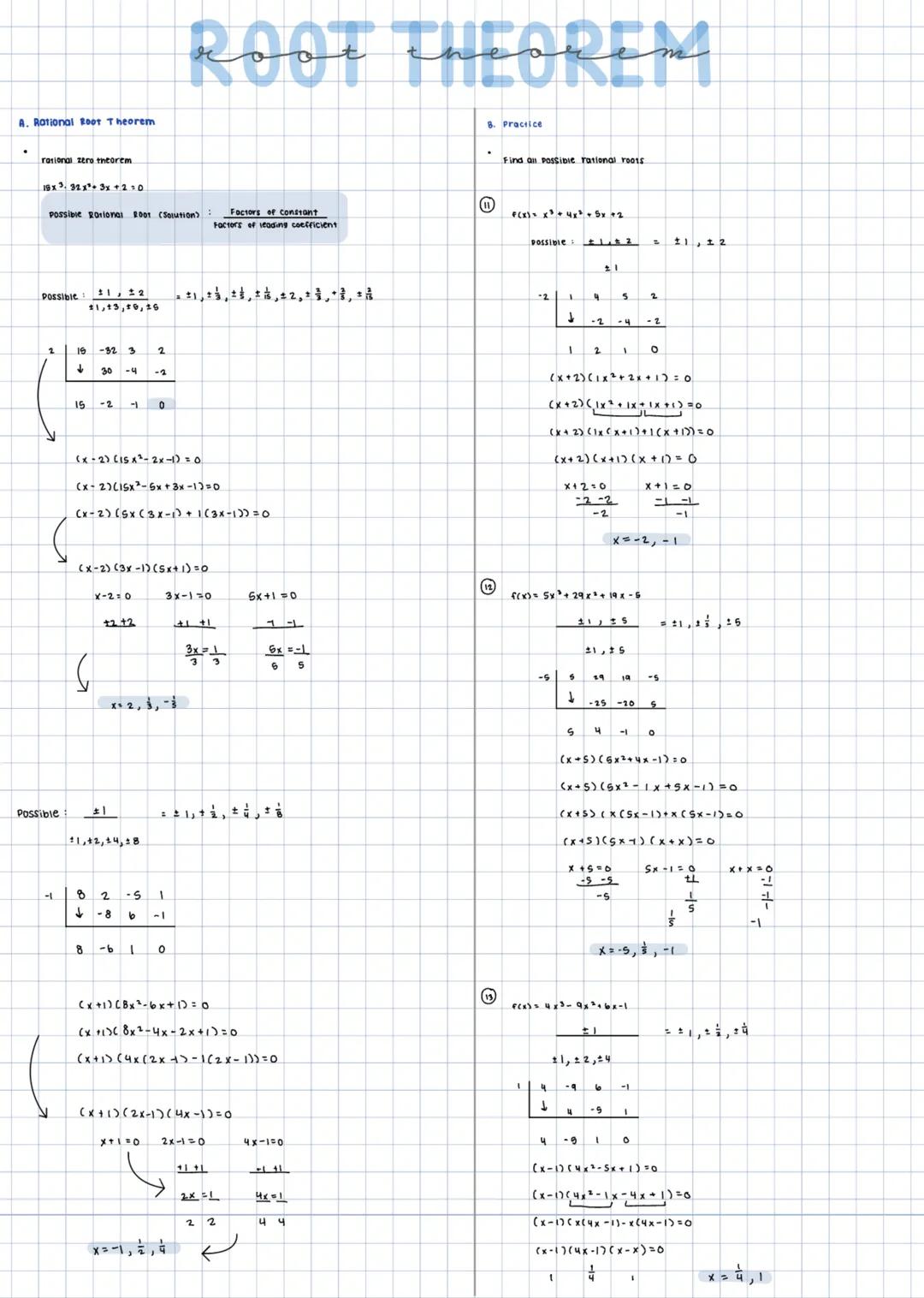 # ROOT THEOREM

## A. Rational ROOT Theorem

*   rational zero theorem

$15x^3 - 32x^2 + 3x + 2 = 0$

| Possible Rational Root (Solution) | 