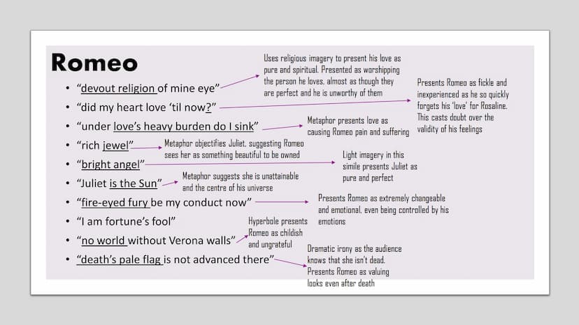 Romeo Quotations and
Analysis
Romeo and Juliet Romeo
• "devout religion of mine eye"-
"did my heart love 'til now?"
"under love's heavy burd