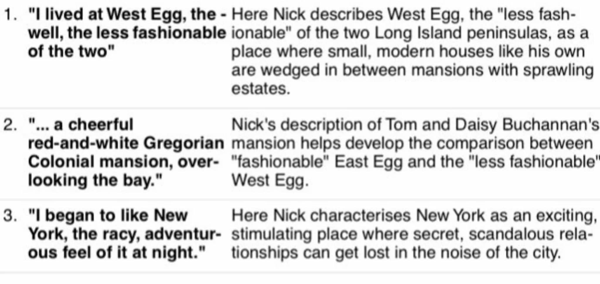 1. "I lived at West Egg, the - Here Nick describes West Egg, the "less fash-
ionable" of the two Long Island peninsulas, as a
place where sm