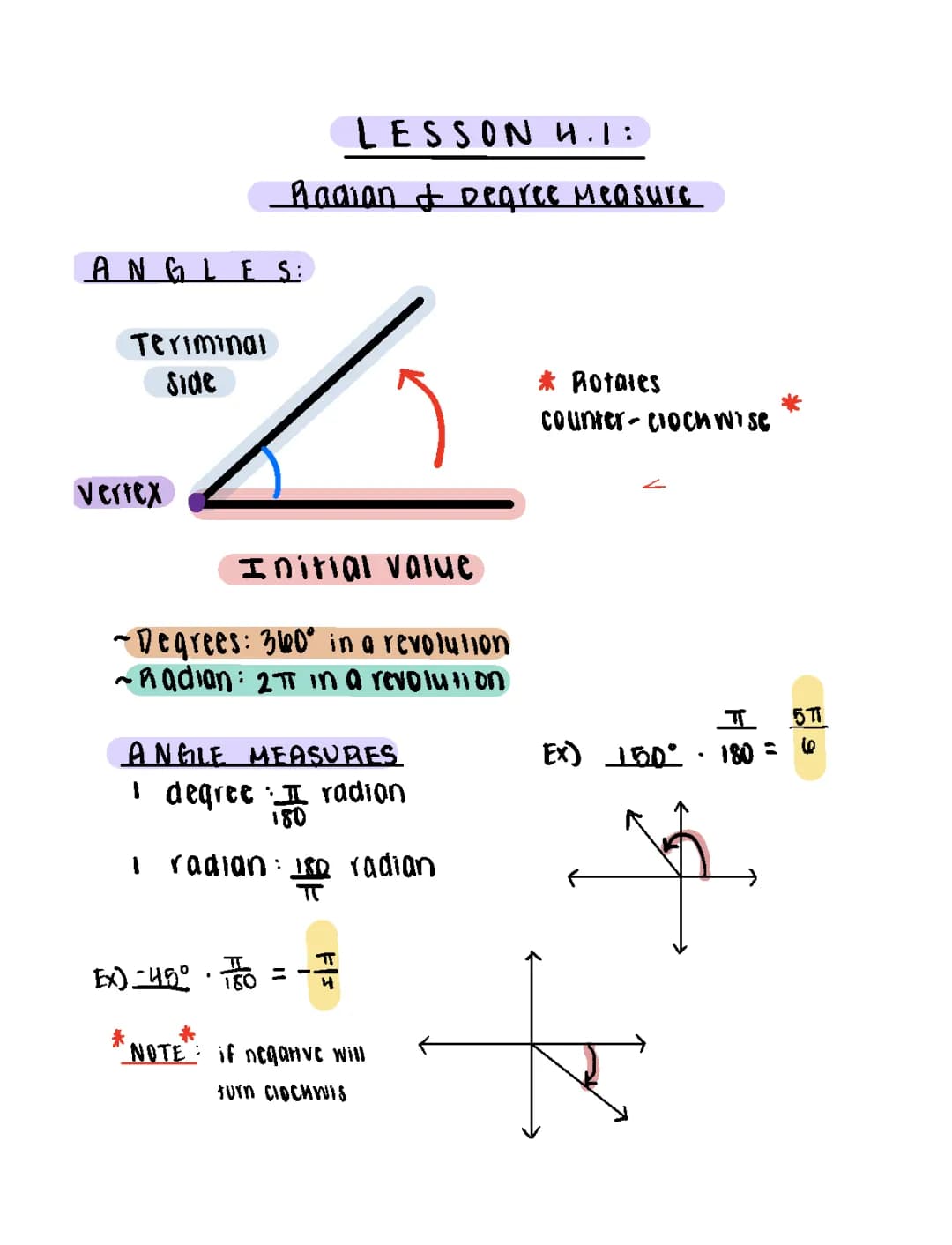 Unit 4 Trigonometry: Lesson 4.1 Notes: Radian & Degree Measure 