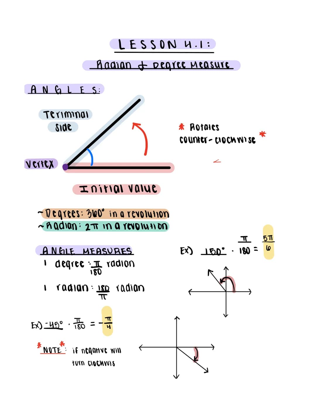 ANGLES:
Teriminal
Side
Vertex
~
Initial value
~Degrees: 360° in a revolution
•Radian: 2π in a revolution
LESSON 4.1:
Radian & Degree Measure