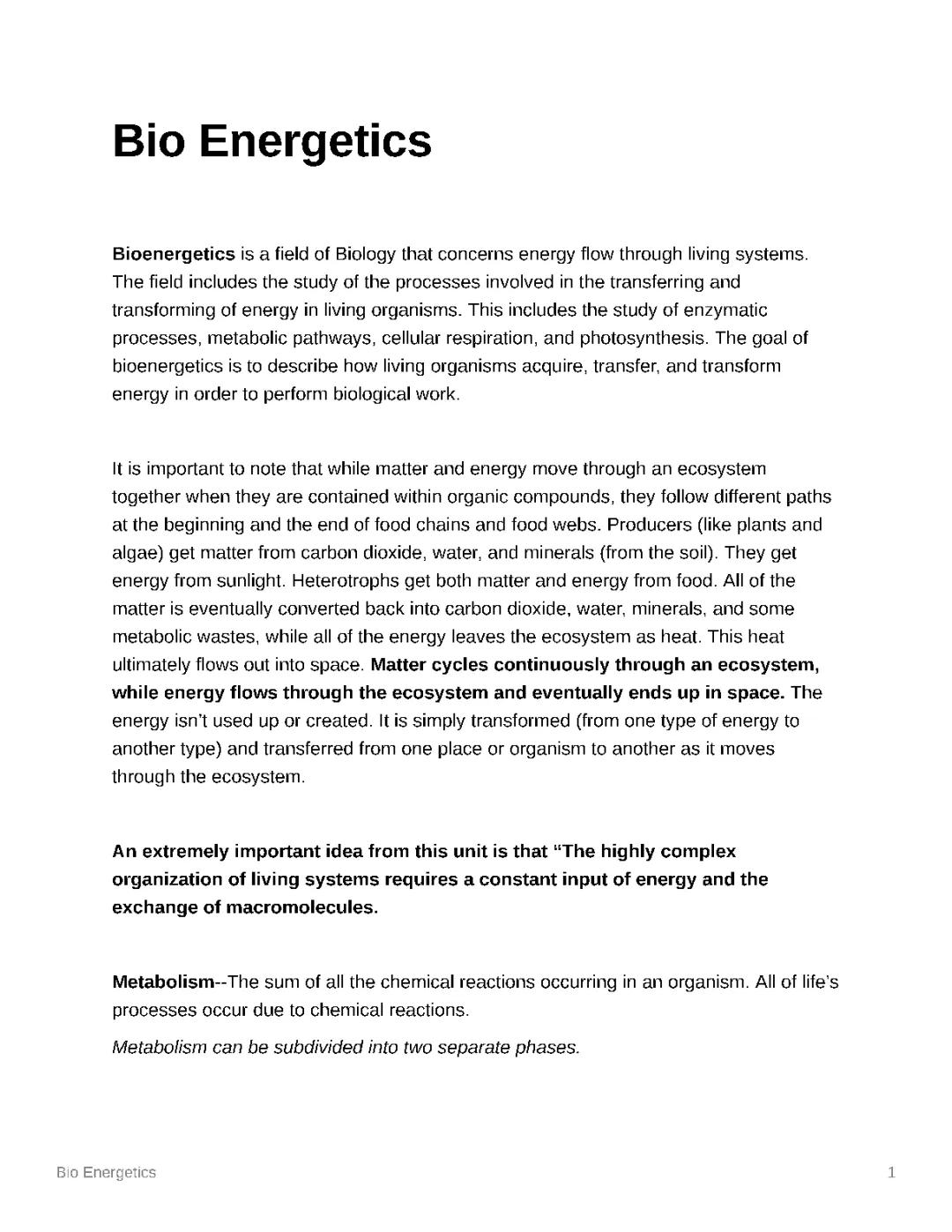 Bio energetics