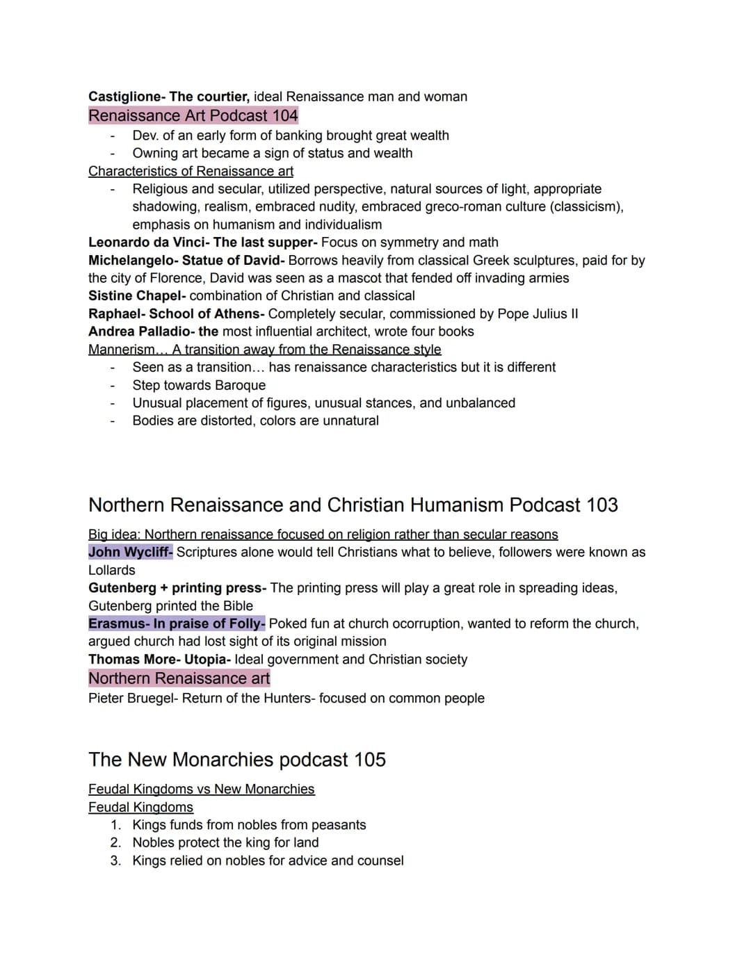 Unit 1
Renaissance, New Monarchies, and Exploration
The End of the Middle Ages podcast 100
Characteristics:
Feudalism as governing AND econo