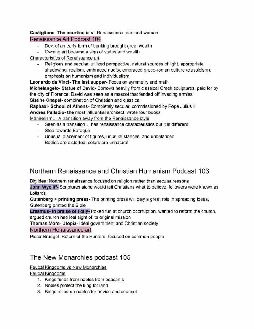 Unit 1
Renaissance, New Monarchies, and Exploration
The End of the Middle Ages podcast 100
Characteristics:
Feudalism as governing AND econo