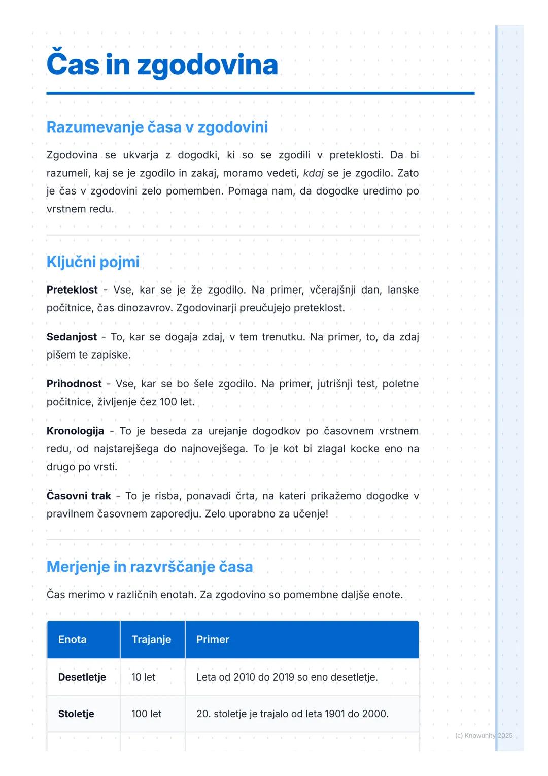 # Čas in zgodovina

## Razumevanje časa v zgodovini

Zgodovina se ukvarja z dogodki, ki so se zgodili v preteklosti. Da bi
razumeli, kaj se 