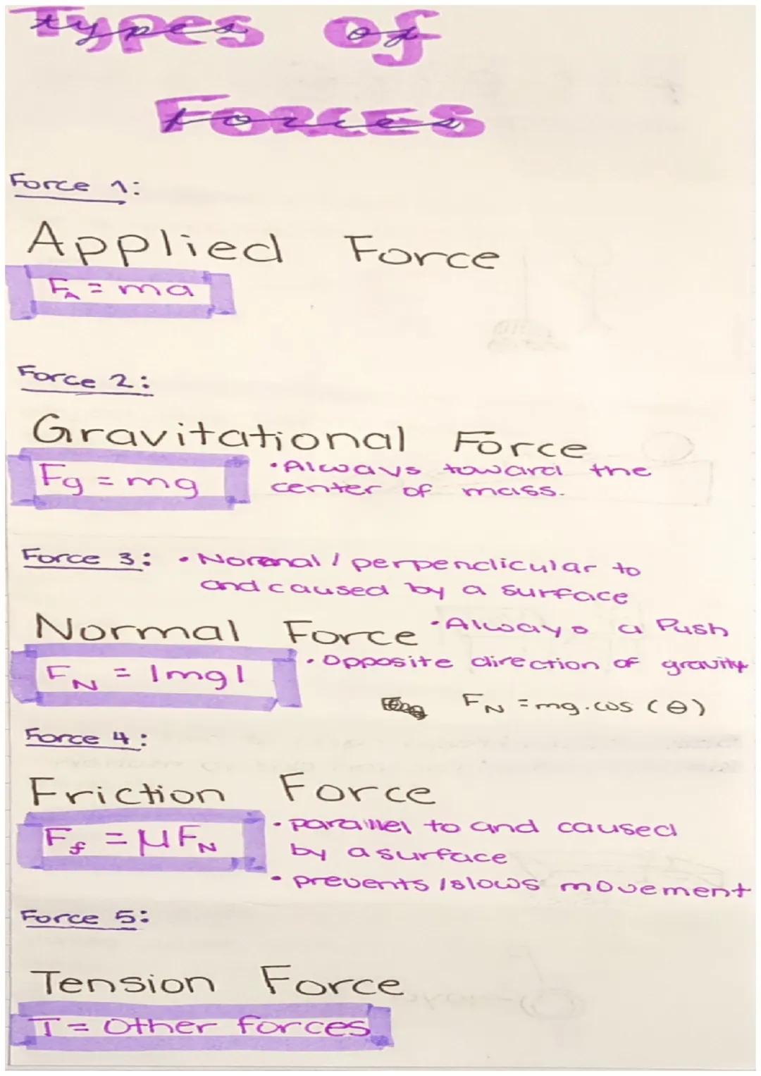 types of
Force 1:
Applied
=ma
Force 2:
FORES
Gravitational Force
Fg = mg
•Always toward
center of mass.
Normal
FN = Img!
Force 3: •Normal / 