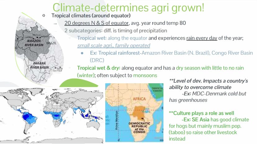 Unit 5 Topic 1
Intro to Agriculture ## EK's!

5.1

- Agri. practices are influenced by
physical geo. and climate
  - Mediterranean
  - Tropi