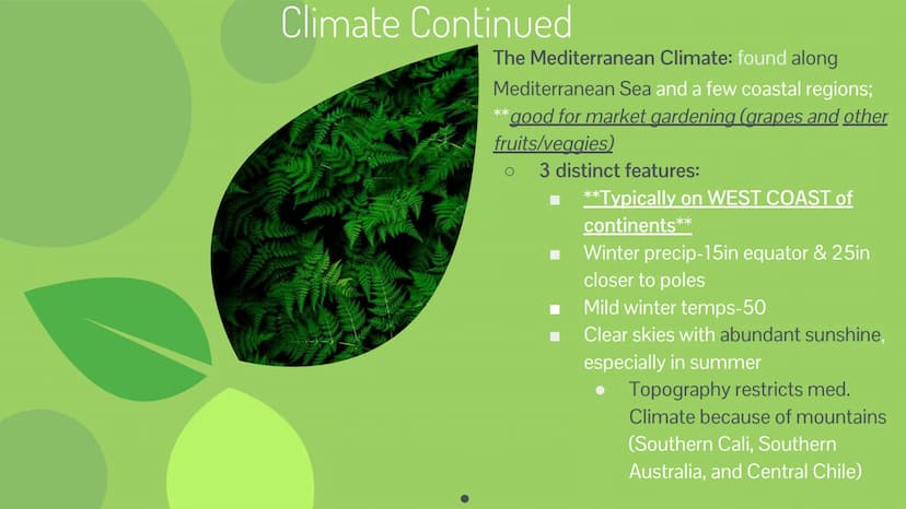 Unit 5 Topic 1
Intro to Agriculture ## EK's!

5.1

- Agri. practices are influenced by
physical geo. and climate
  - Mediterranean
  - Tropi