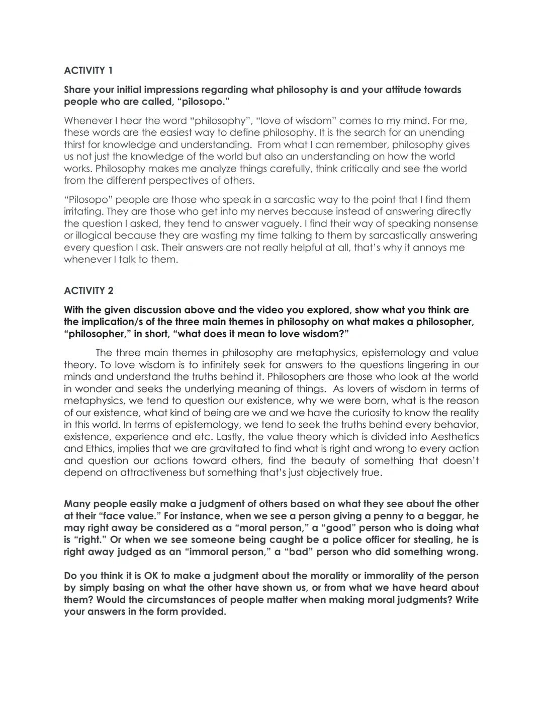 ACTIVITY 1
Share your initial impressions regarding what philosophy is and your attitude towards
people who are called, "pilosopo."
Whenever