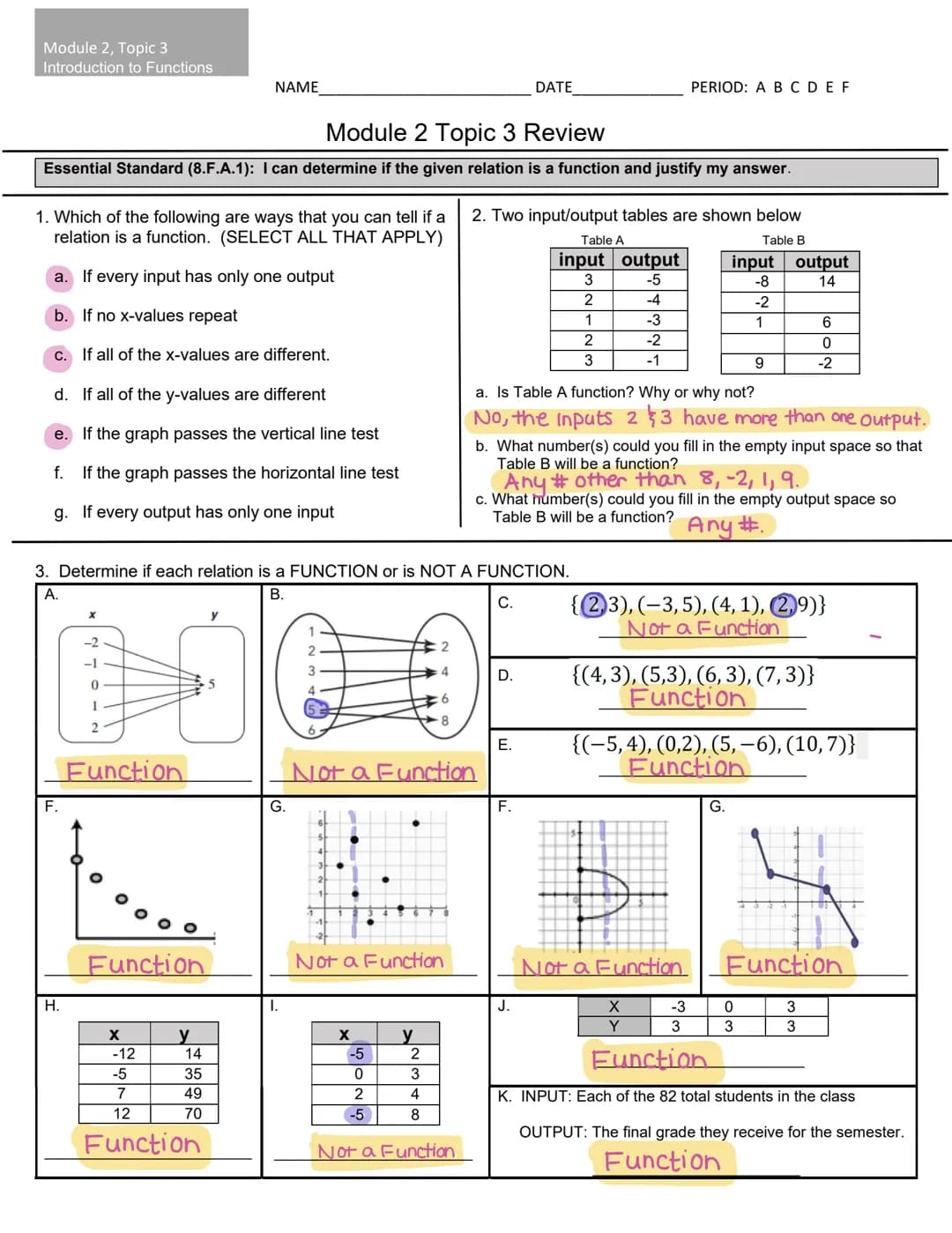 Module 2, Topic 3
Introduction to Functions
1. Which of the following are ways that you can tell if a
relation is a function. (SELECT ALL TH