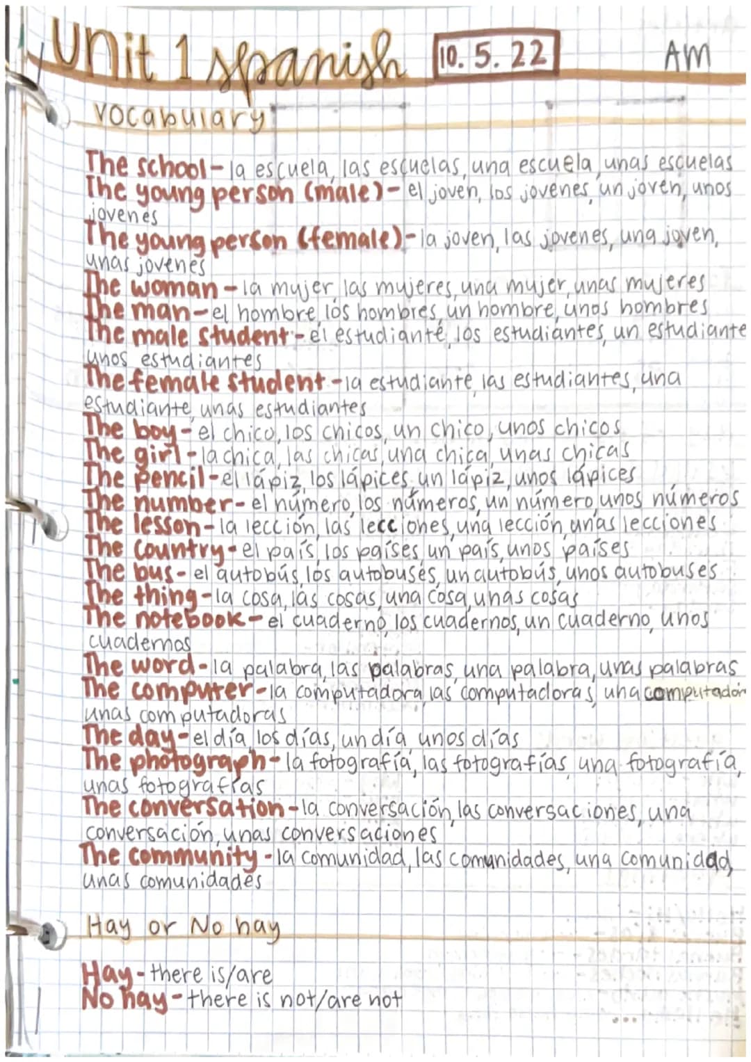 Unit 1 spanish [0. 5. 22.
vocabulary!
AM
The school-la escuela, las escuelas, una escuela unas escuelas
The young person (male) - el joven, 