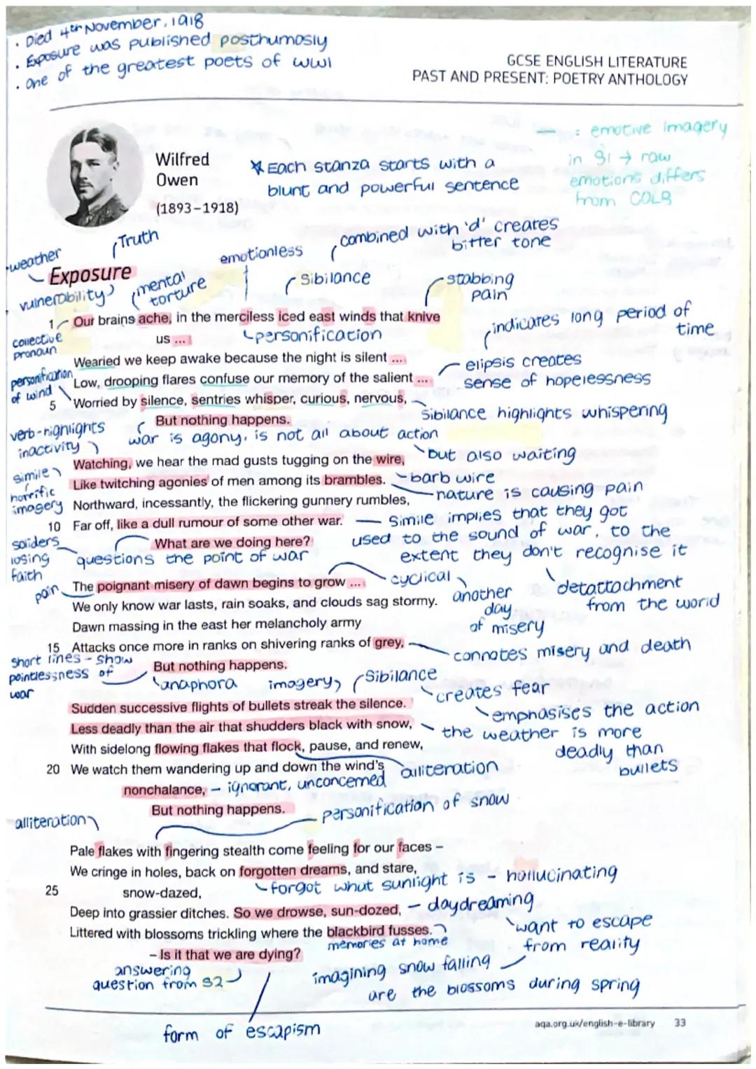 Died 4th November, 1918
• Exposure was published posthumosly
one of the greatest poets of wwl
weather
- Exposure
collective
pronoun
personif