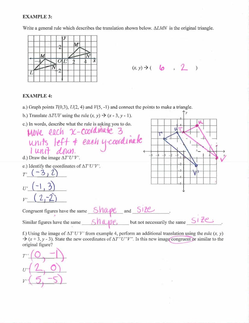 Key
Honors Geometry: Translations Notes
A transformation is a change in the size location or orientationon
Mof a figure.
,
Name:
A translati