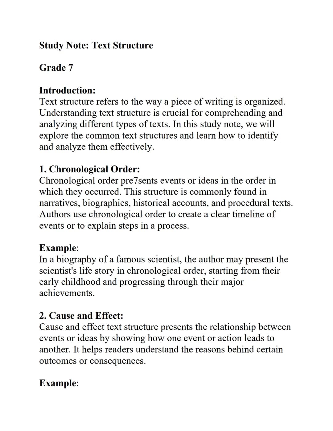 Grade 7 Study Notes: Easy Text Structures