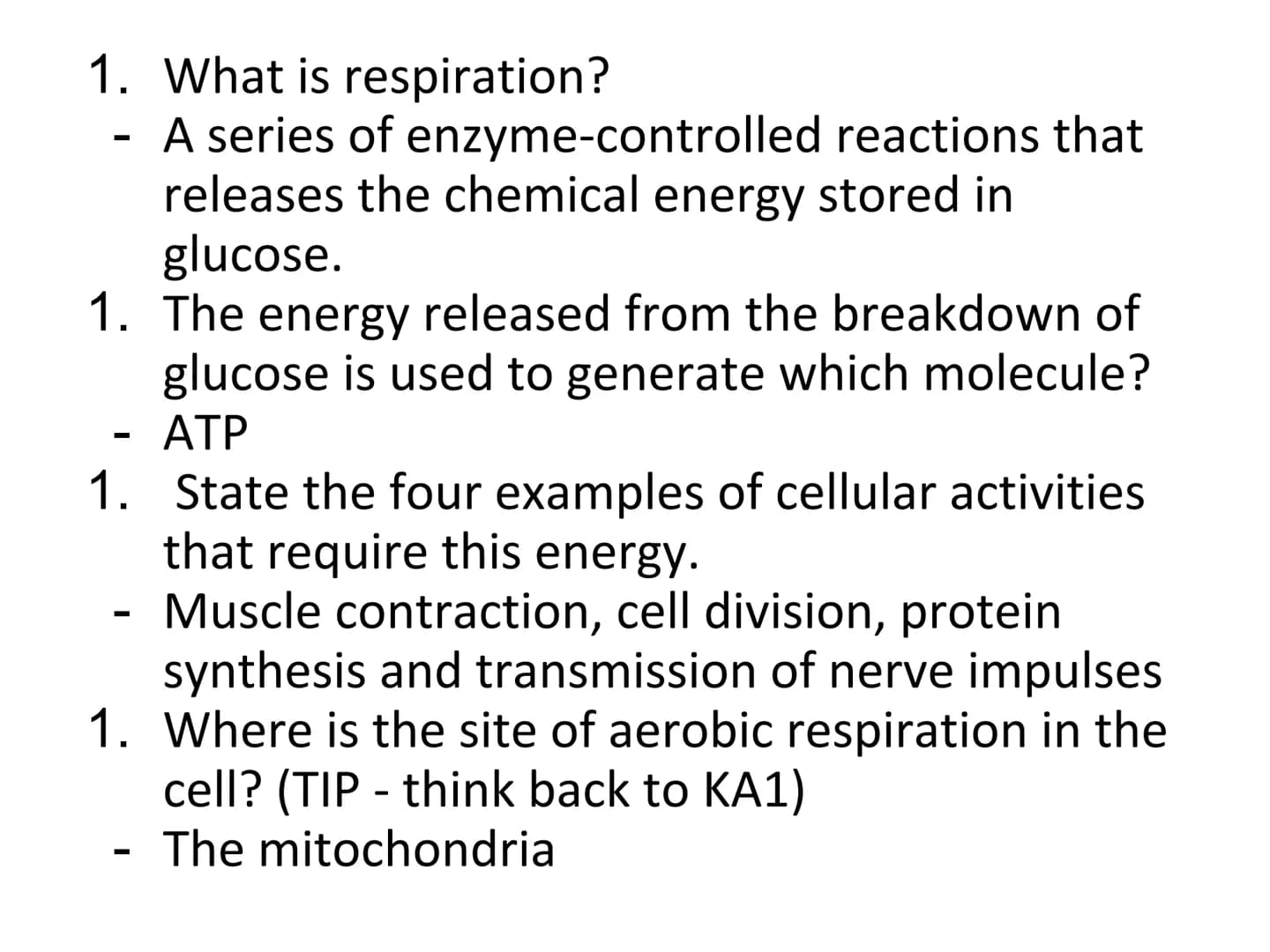 N5 Unit 1 KA6
Respiration N5 biology course
1. Cell Biology
2. Multicellular Organisms
3. Life on Earth Unit 1 Cell Biology
1. Cell structur