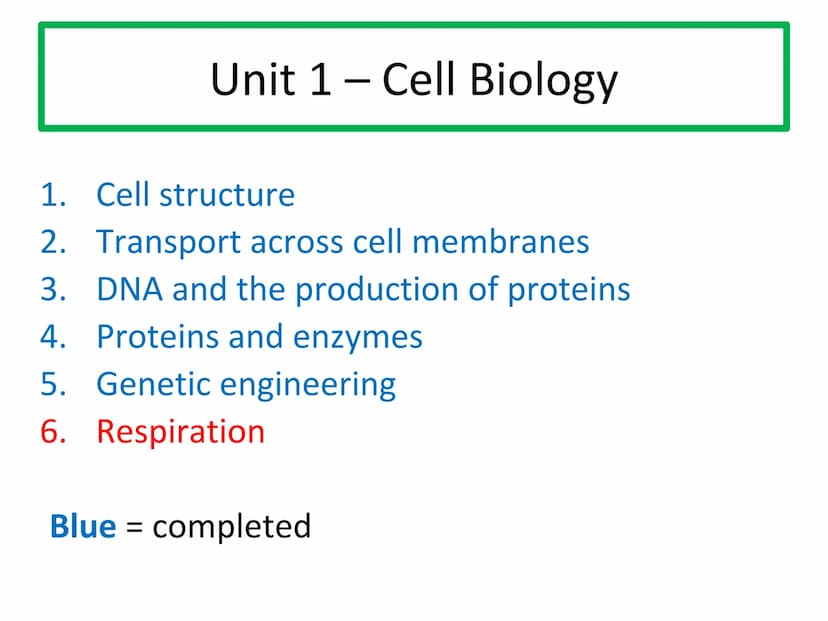 N5 Unit 1 KA6
Respiration N5 biology course
1. Cell Biology
2. Multicellular Organisms
3. Life on Earth Unit 1 Cell Biology
1. Cell structur