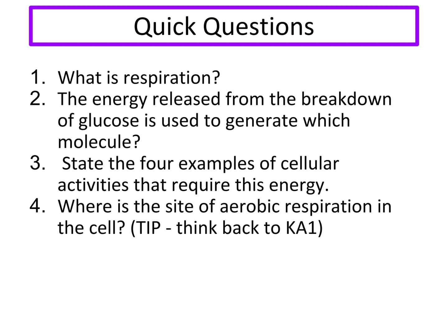 N5 Unit 1 KA6
Respiration N5 biology course
1. Cell Biology
2. Multicellular Organisms
3. Life on Earth Unit 1 Cell Biology
1. Cell structur