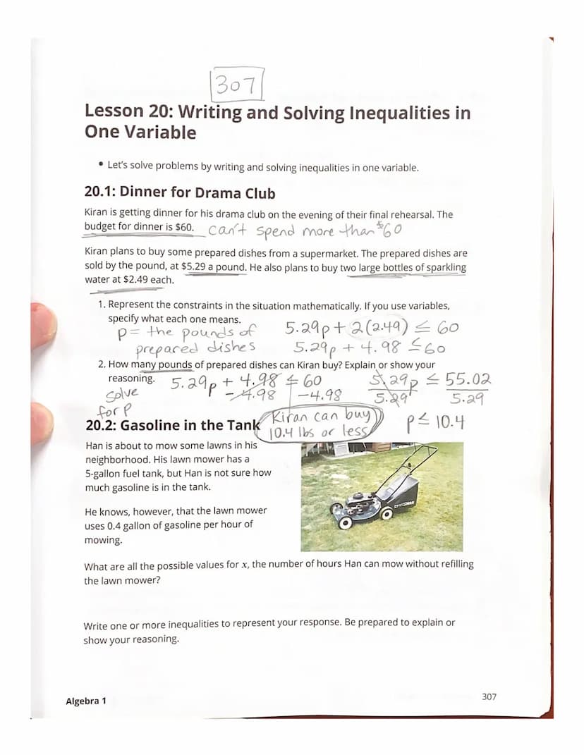 Lesson 18: Representing Situations with
Inequalities
• Let's use inequalities to represent constraints in situations.
18.1: What Do Those Sy