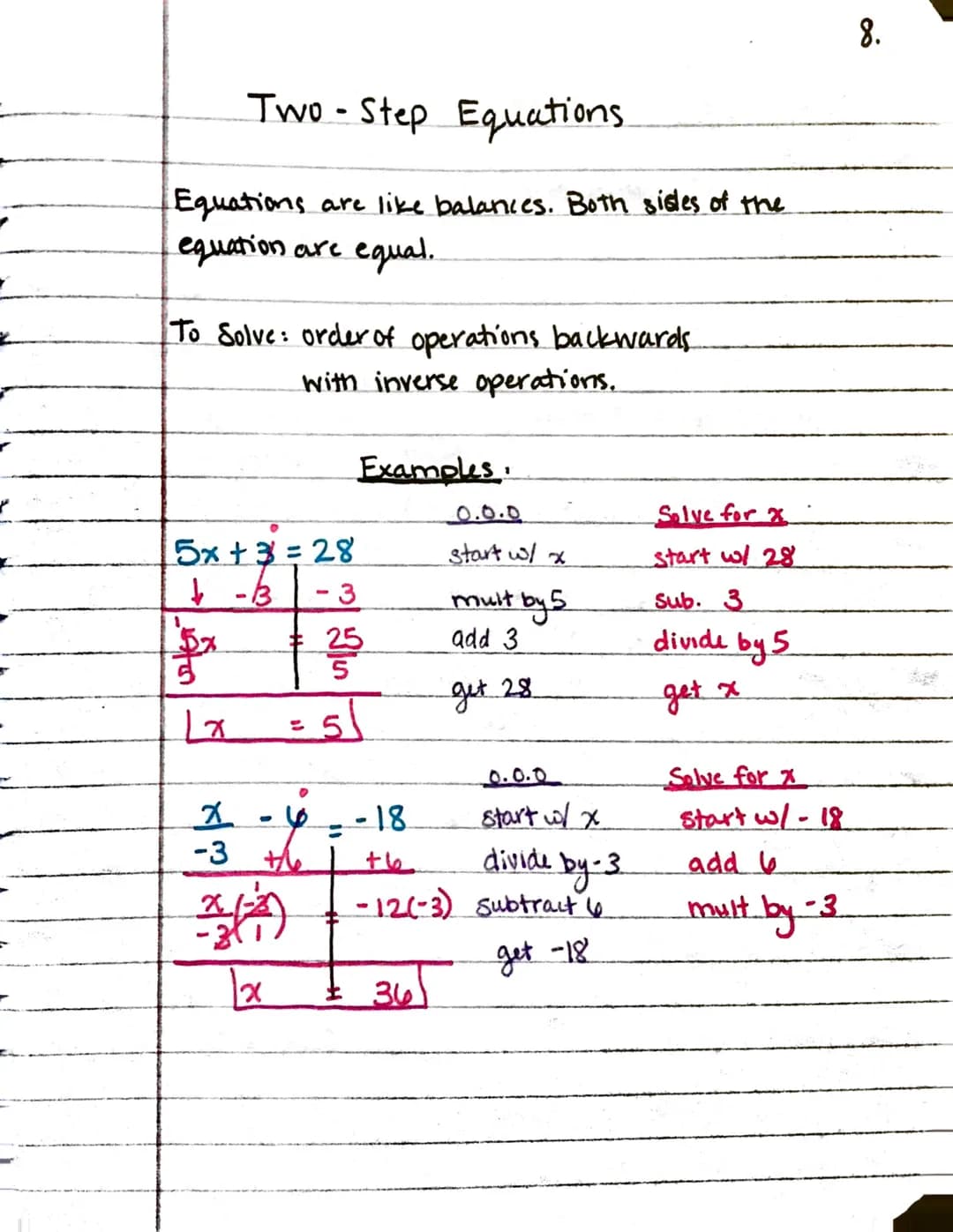 
<h2 id="twostepequations">Two-Step Equations</h2>
<p>Equations act like a balance where both sides are equal. To solve for x, the order of 