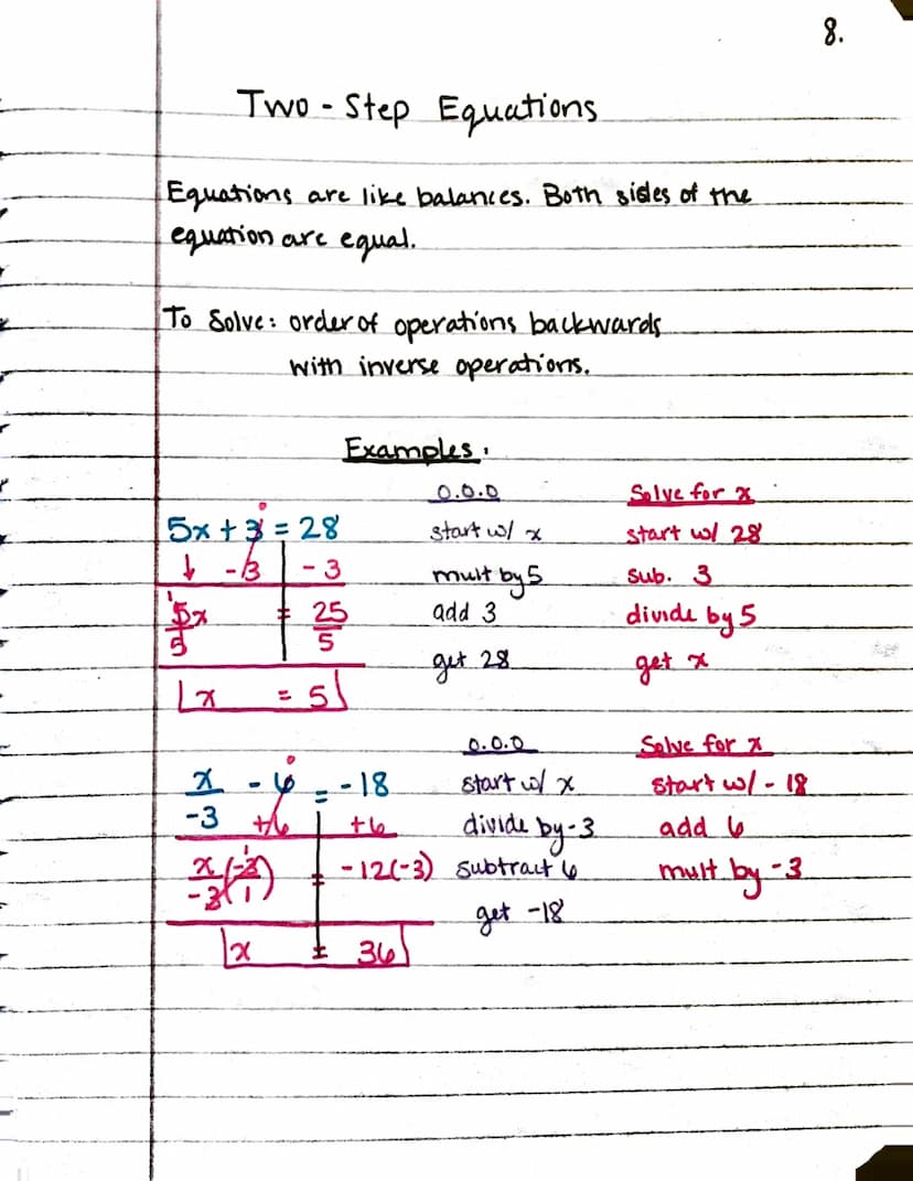 
<h2 id="twostepequations">Two-Step Equations</h2>
<p>Equations act like a balance where both sides are equal. To solve for x, the order of 