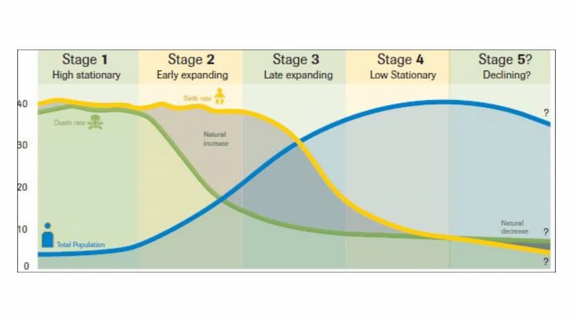 age
40-
30-
20-
0
65
15
male
1
2
3
female
4
DEMOGRAPHIC
5
TRANSITION MODEL
THE FIVE STAGES
a 40
30
20
10
0
Stage 1
High stationary
Death me
