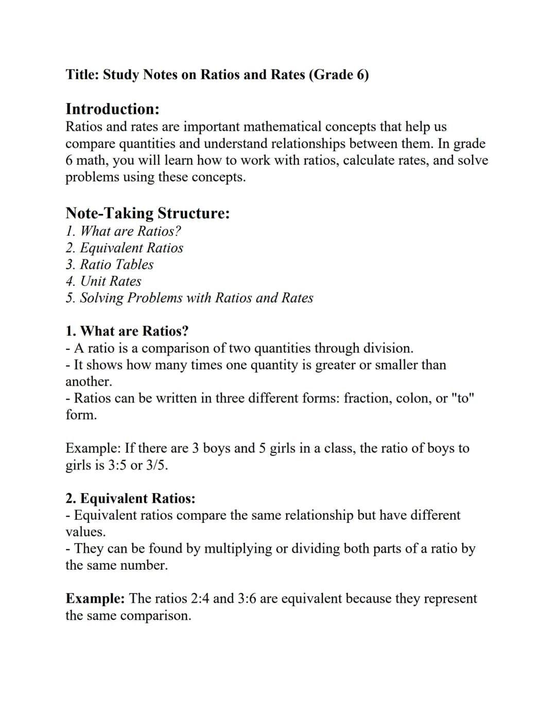 Title: Study Notes on Ratios and Rates (Grade 6)
Introduction:
Ratios and rates are important mathematical concepts that help us
compare qua