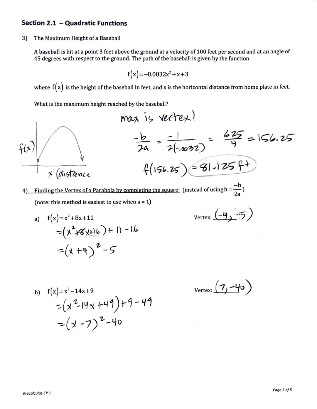 Section 2.1 Quadratic Functions
Definition of a Quadratic Function
●
●
●
Let a, b, and c be real numbers with a # 0,
The function f(x)= a
●
