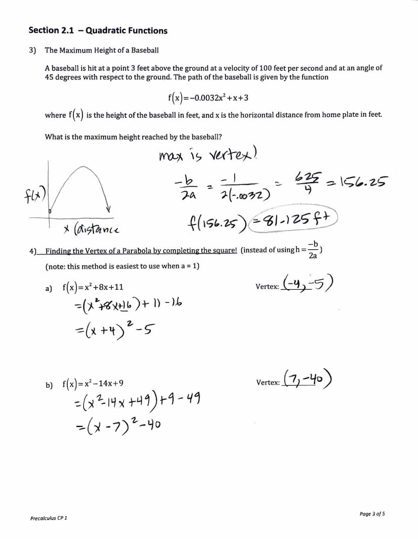 Section 2.1 Quadratic Functions
Definition of a Quadratic Function
●
●
●
Let a, b, and c be real numbers with a # 0,
The function f(x)= a
●
