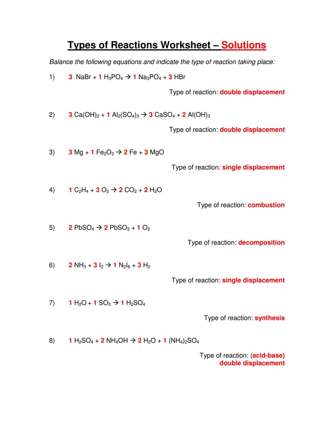 Types of Reactions Worksheet
Balance the following equations and indicate the type of reaction taking place:
1)
NaBr +
H3PO4 →
Na3PO4 +
HBr
