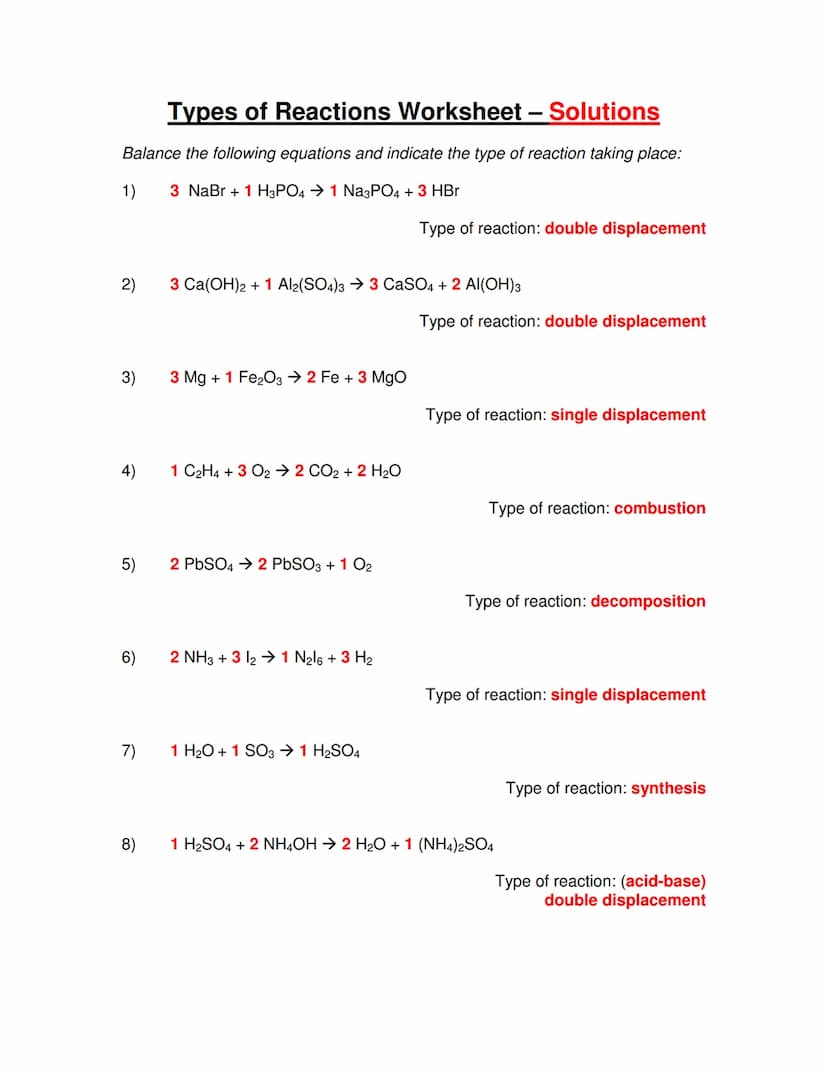 Types of Reactions Worksheet
Balance the following equations and indicate the type of reaction taking place:
1)
NaBr +
H3PO4 →
Na3PO4 +
HBr
