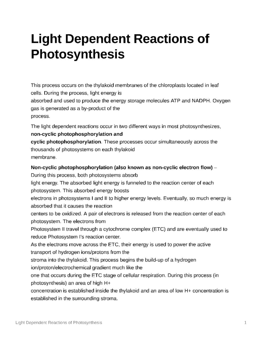 Light Dependent Reactions of Photosynthesis