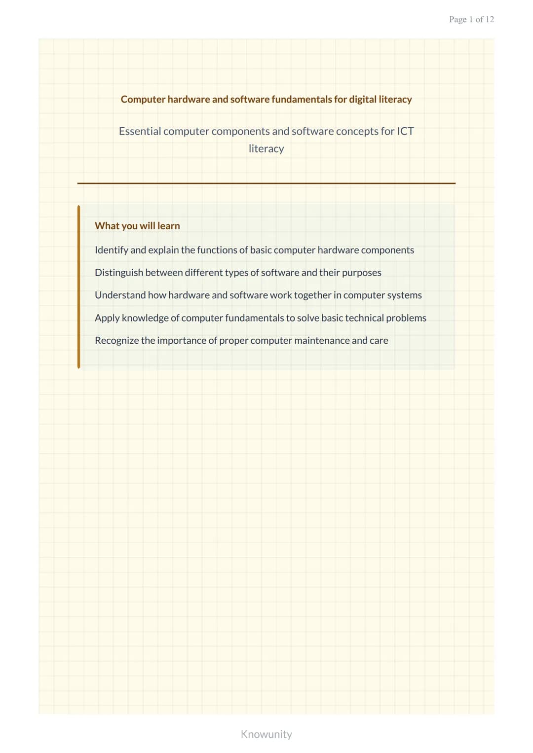 Computer hardware and software fundamentals for digital literacy
Essential computer components and software concepts for ICT
literacy
What y