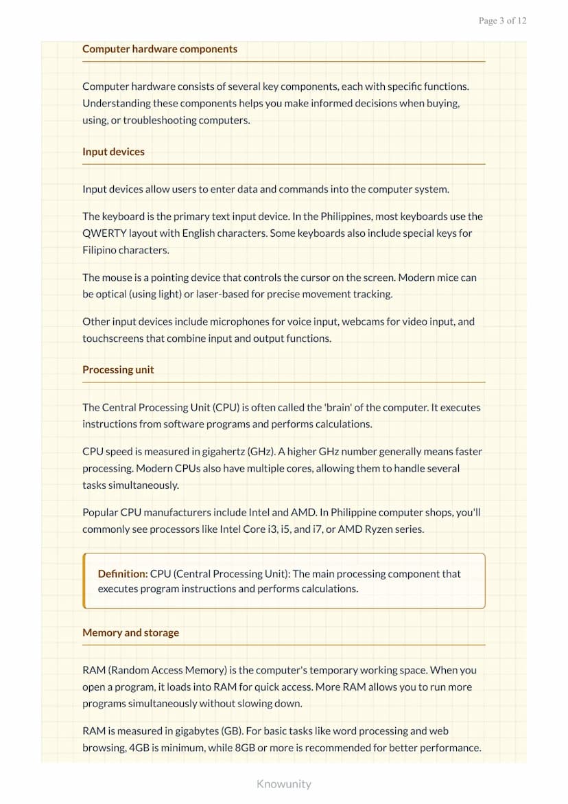 Computer hardware and software fundamentals for digital literacy
Essential computer components and software concepts for ICT
literacy
What y