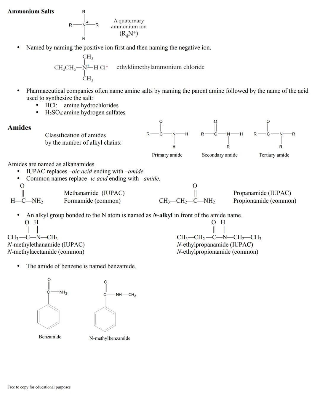 Amines and amides come from ammonia (replacing the H's).
●
IUPAC Names of Amines
3
Classification of amines
by the number of alkyl chains:
C