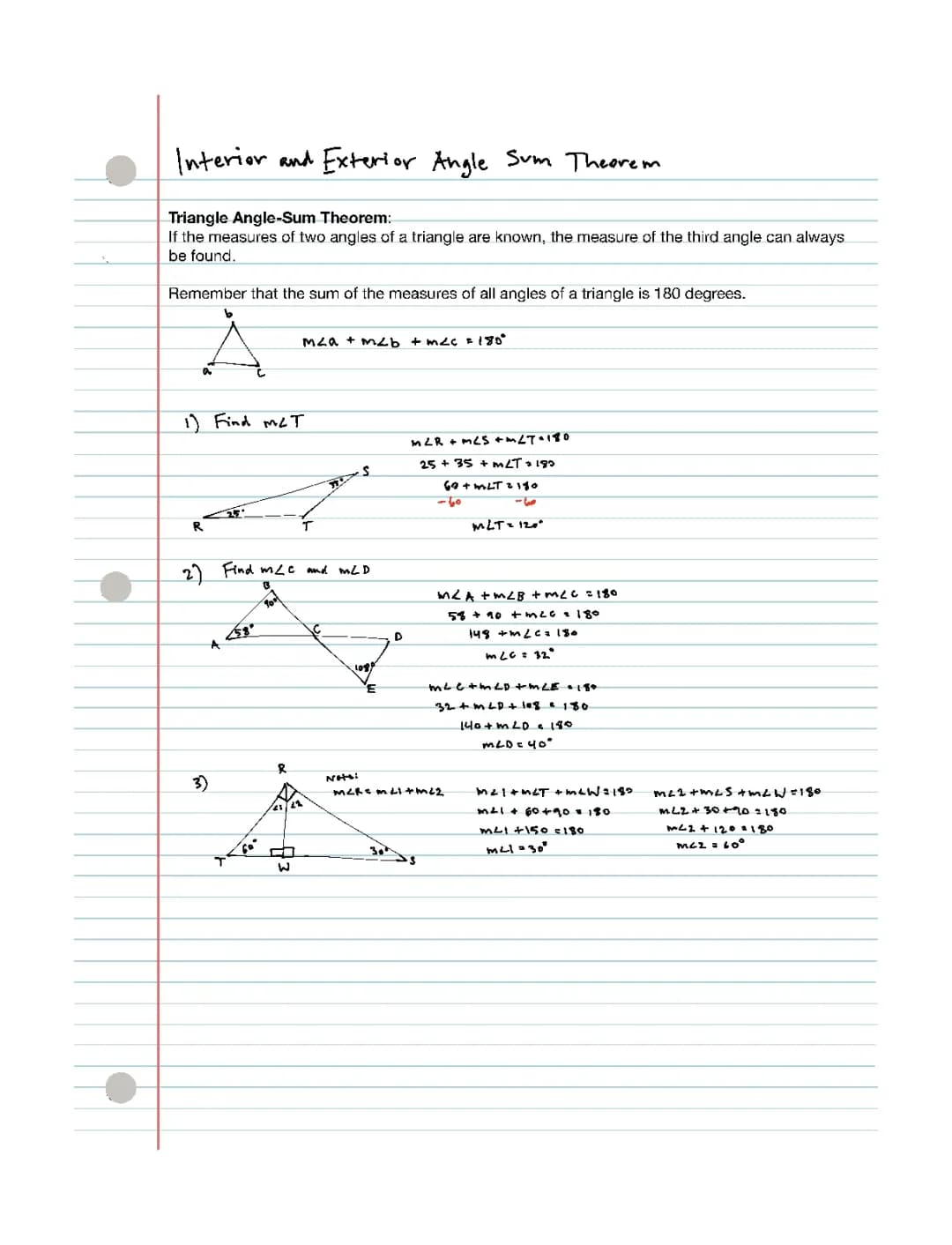 Math 7 | Interior and Exterior Angle Sum Theorem Notes