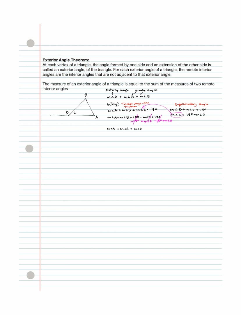 Interior and Exterior Angle Sum Theorem
Triangle Angle-Sum Theorem:
If the measures of two angles of a triangle are known, the measure of th