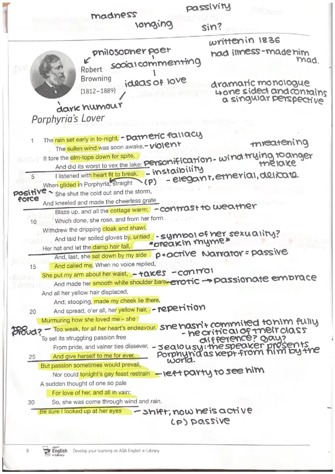 1
5
Porphyria's Lover
10
15
madness
20
25
philosopher poer
✓
Robert
Browning
(1812-1889)
dark humour
30
longing
When glided in Porphyria, St