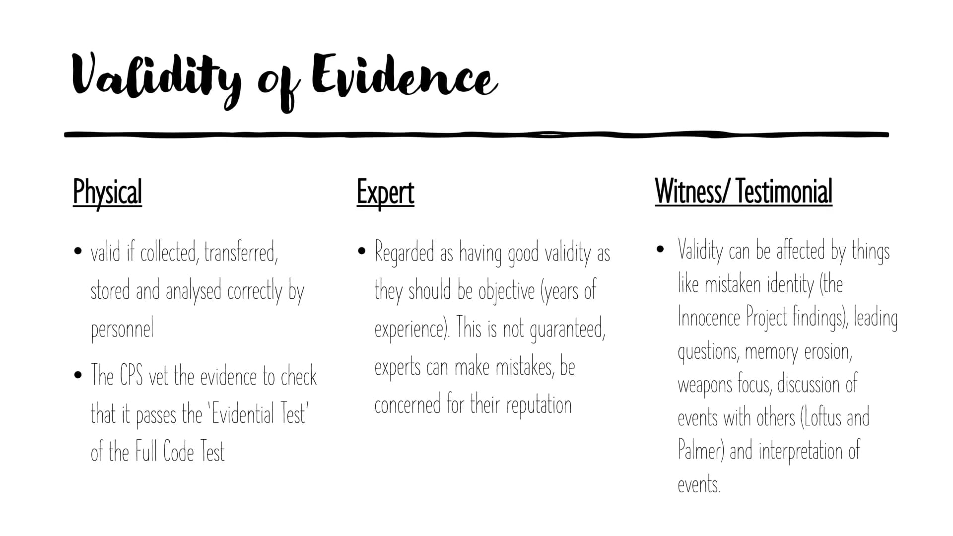 Criminology
Unit 3 ac 3.1 - 'Examine information for Validity Validity of Evidence
Physical
valid if collected, transferred,
stored and anal