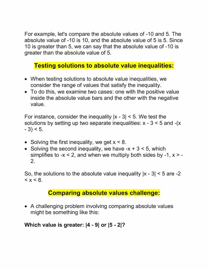 Comparing absolute values on the number line:
• When comparing absolute values on the number line, it's
important to understand that the abs