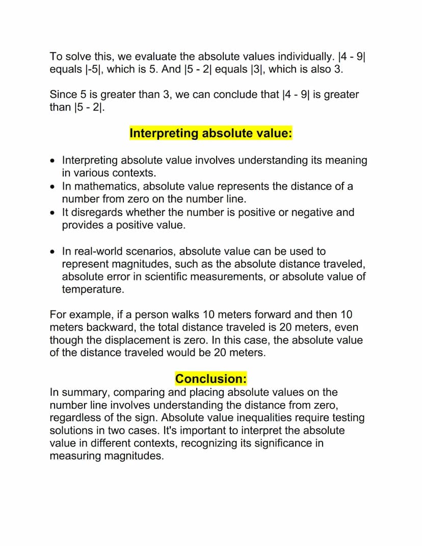 Comparing absolute values on the number line:
• When comparing absolute values on the number line, it's
important to understand that the abs