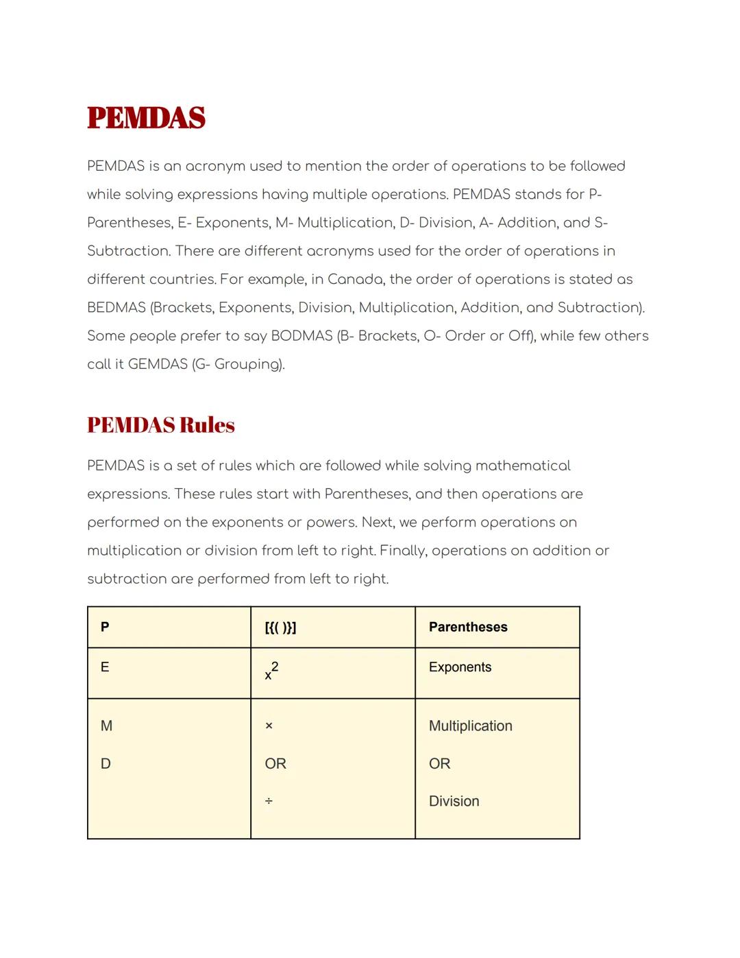 PEMDAS
PEMDAS is an acronym used to mention the order of operations to be followed
while solving expressions having multiple operations. PEM