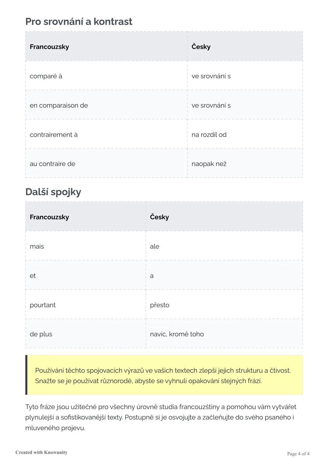 # Začátky vět a spojovací výrazy ve
francouzštině

Užitečné francouzské fráze pro začátky vět a spojovací výrazy s českým překladem, vhodné
