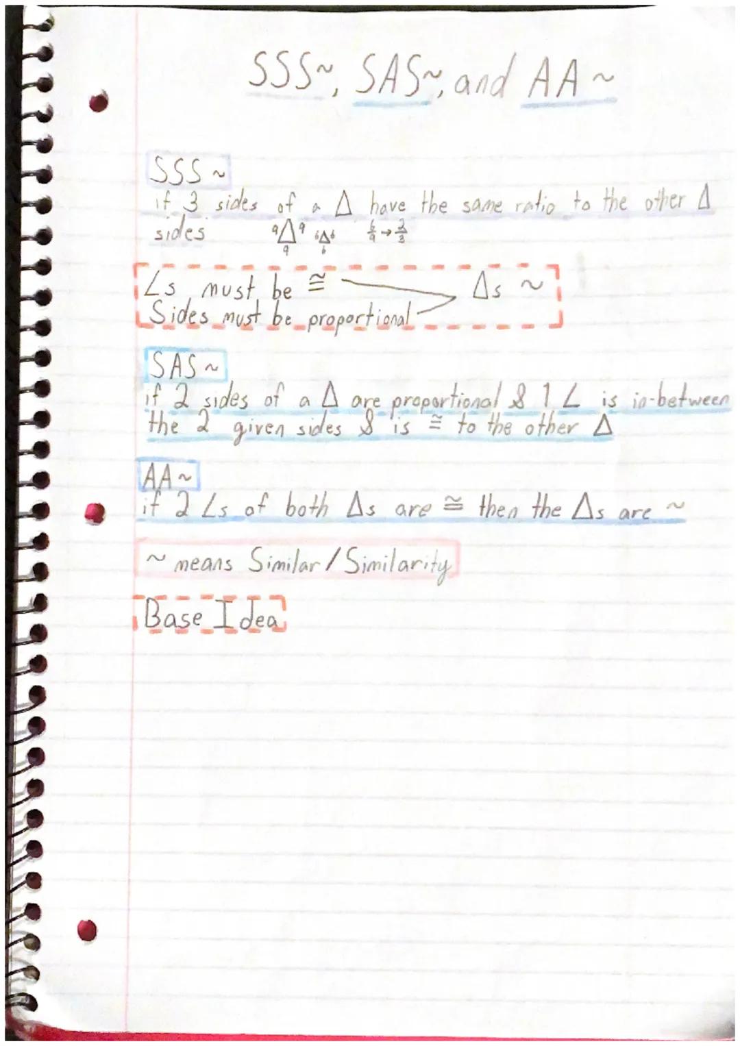 SSS~

SSS~, SAS~, and AA~

if 3 sides of a $\triangle$ have the same ratio to the other $\triangle$
sides $\frac{9}{9} \frac{\triangle}{\tri