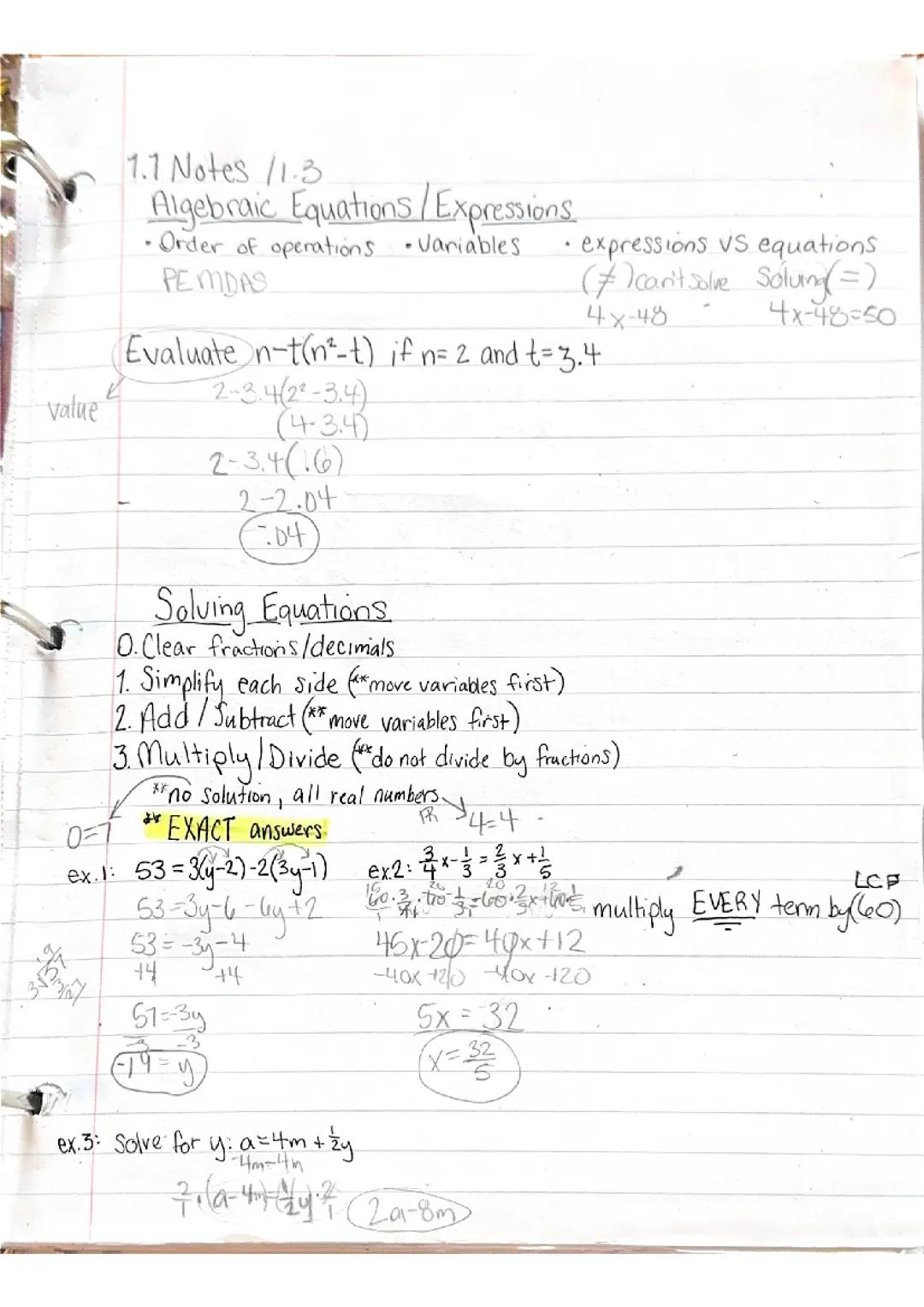 Algebra 2 Ch.1 Notes - Algebraic Equations/Expressions