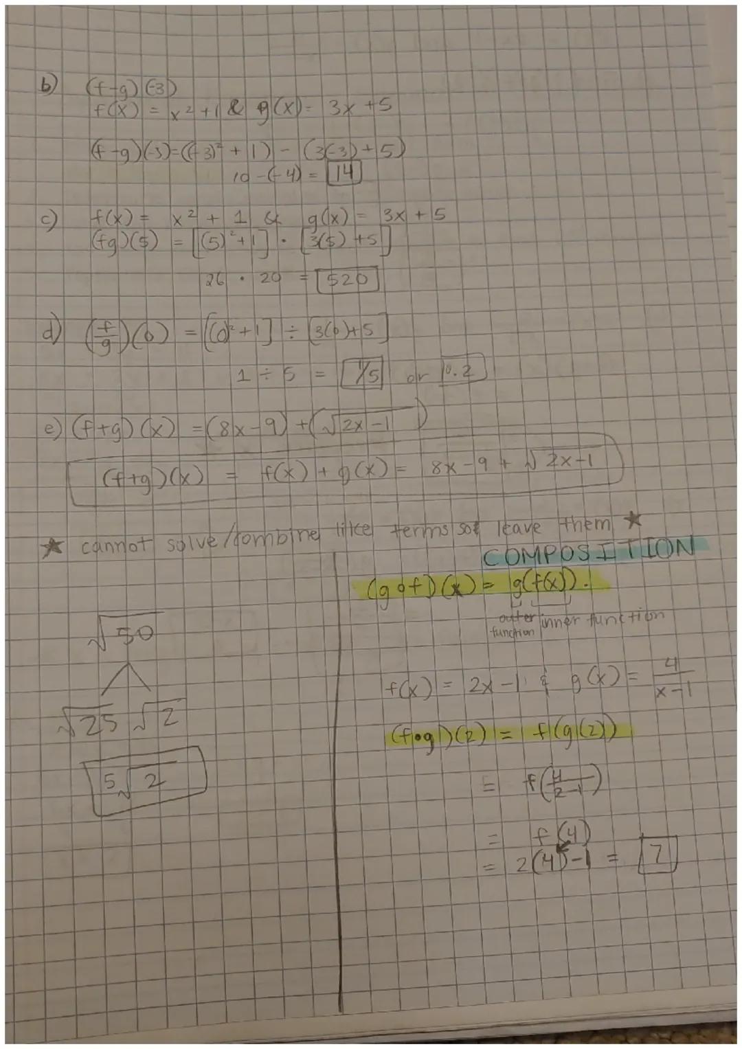 3.5 Operations on Functions

Sum of f+g:
(f+g)(x) = f(x) + g(x)

condensed seperated
form form

1/26/23

f(x) = 2x + 3 g(x) = 4x+1
combine e