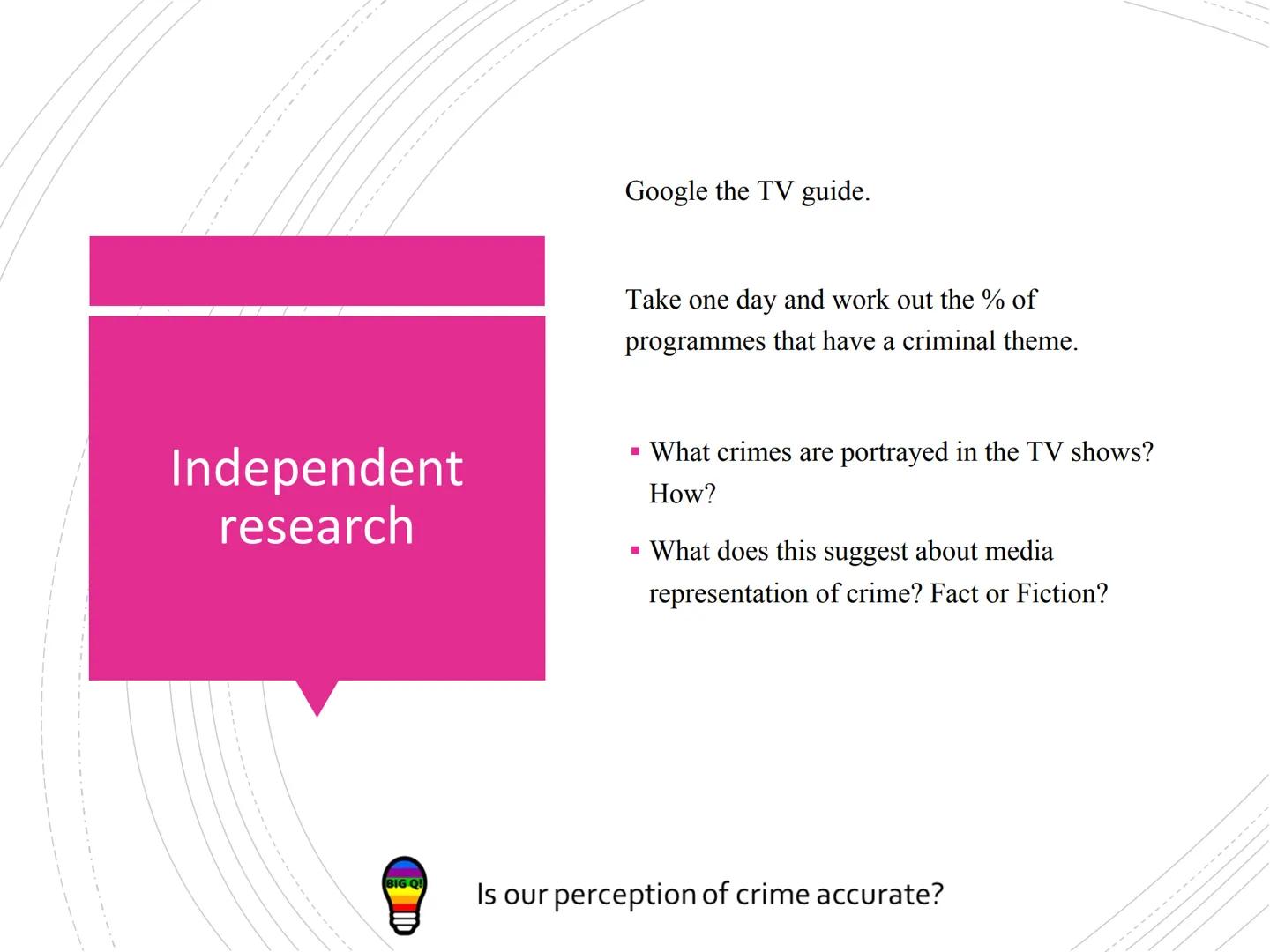 BIG QU
AC 1.4 Describe media
representation of crime (6
Is our perception of crime accurate?
ANNE EN TENE Success
Criteria. What
AC am I? Ho